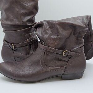 Brown Faux Leather Slouchy Ankle Boots With Buckle Strap Detail Womens Size 6.5M
